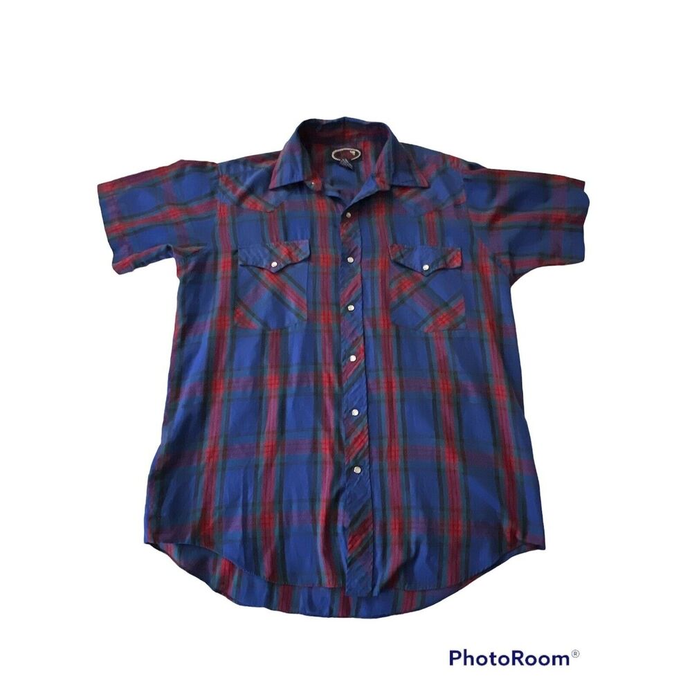 WB Western Wear Pearl Snap Shirt Men’s 16 1/2 L Short Sleeve Red/Blue Plaid